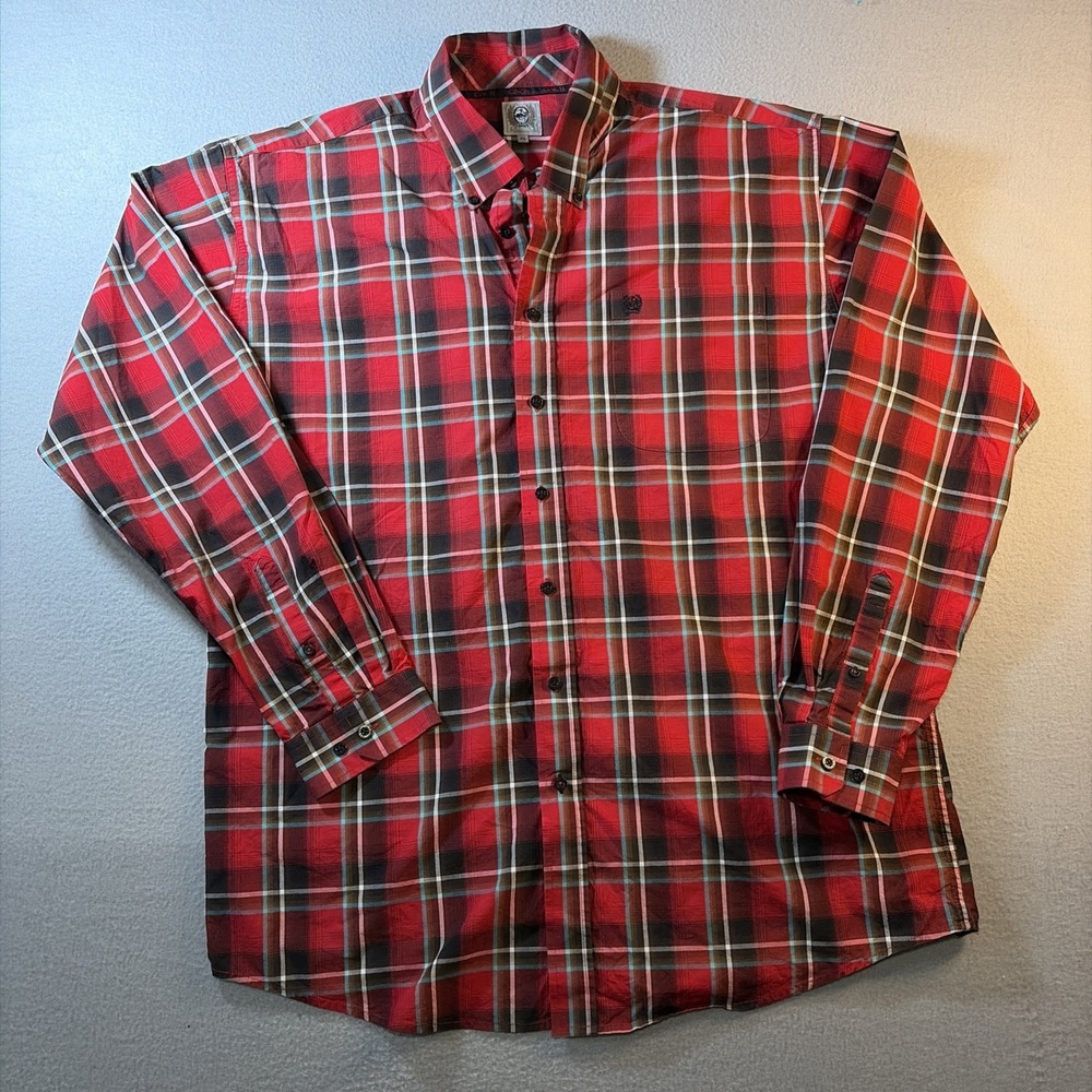 Cinch Men's Red Plaid Long Sleeve Shirt Button Down Red Sz XLarge